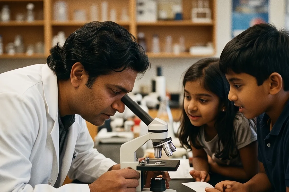Children crowd around a microscope, leaning in to see