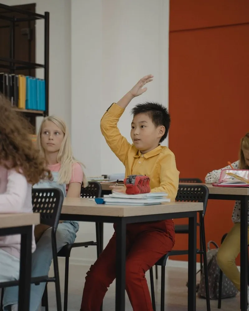 A boy raises his hand high in class