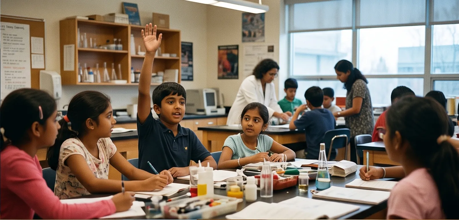 A boy raises his hand high in class