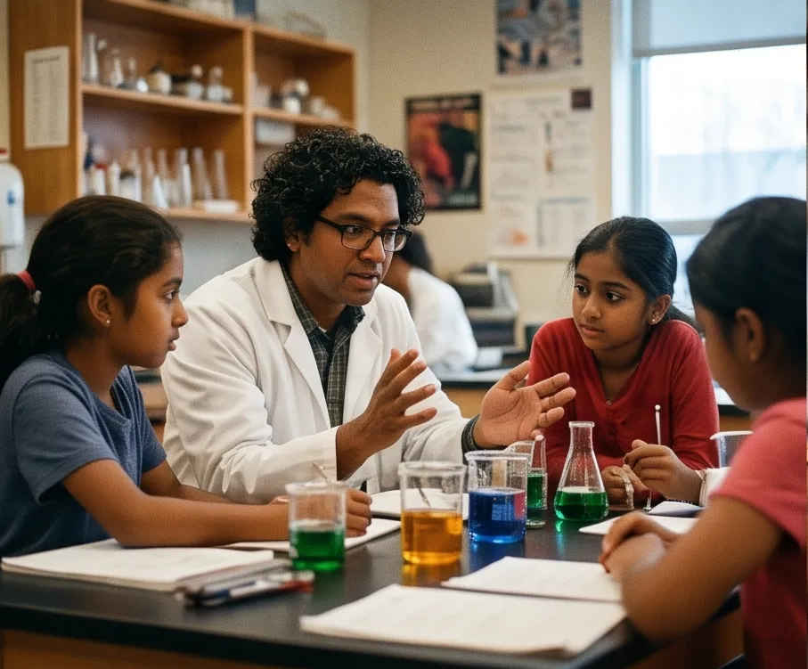 The teacher explains while a student holds up his flask, unconvinced
