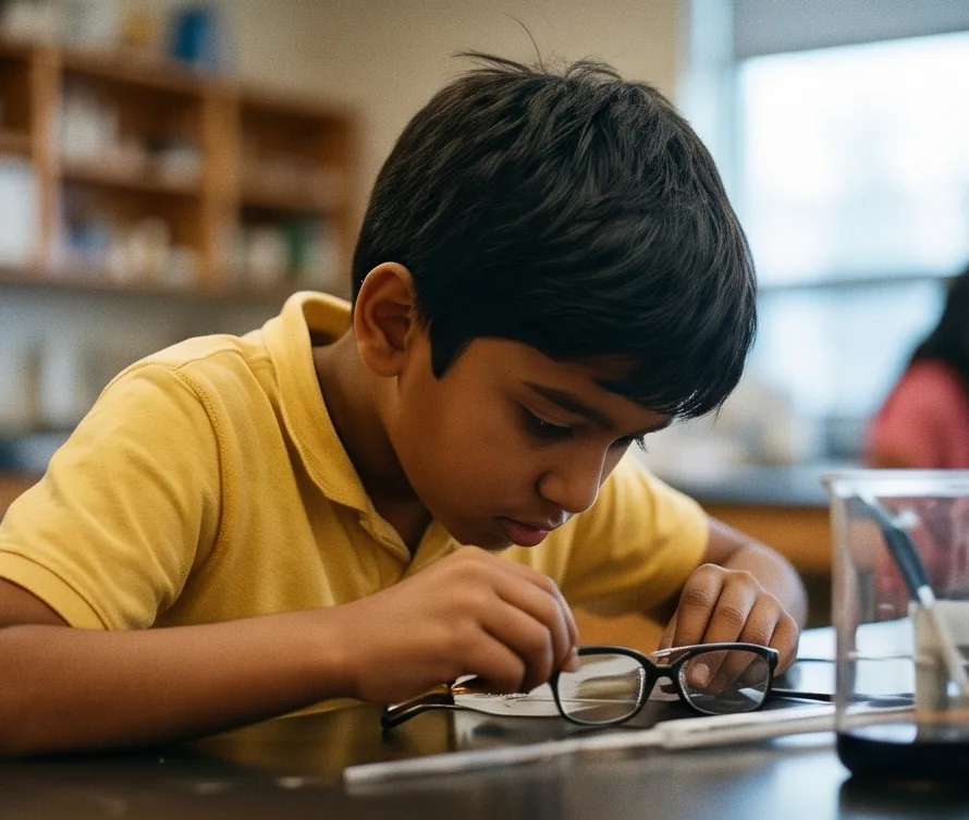 The boy, deep in concentration, works through his experiment