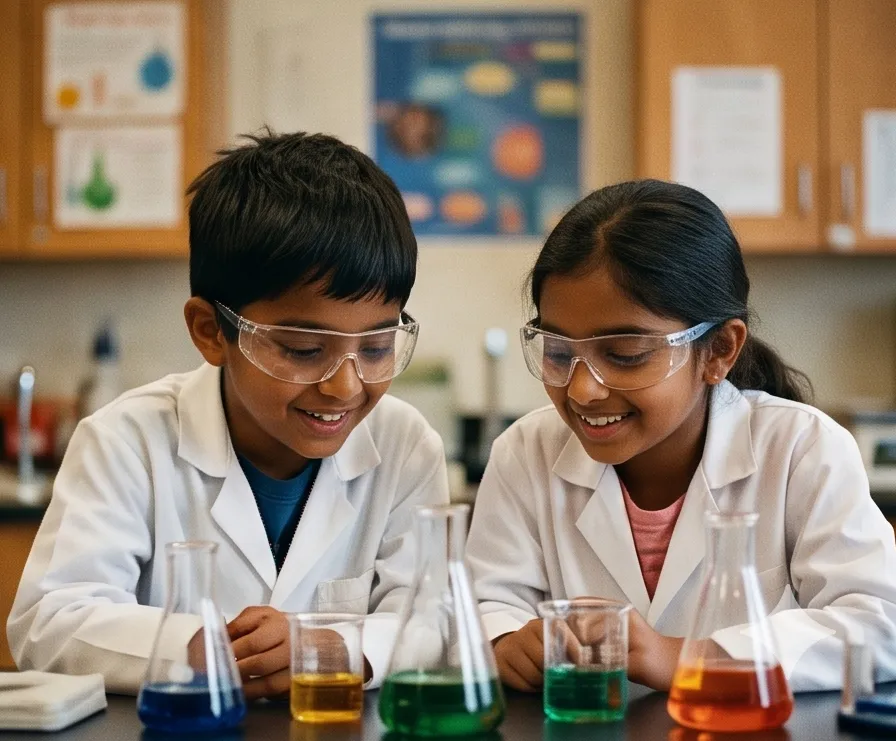 Two students examine the result of their experiment closely