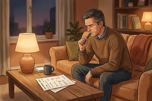A father on the sofa with a pen to his lips, staring at a worksheet