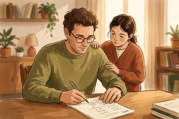 The father writes on the worksheet while his daughter watches over his shoulder